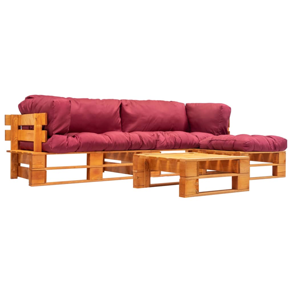 4-tlg. Garten-Lounge-Set aus Paletten mit Roten Kissen Holz