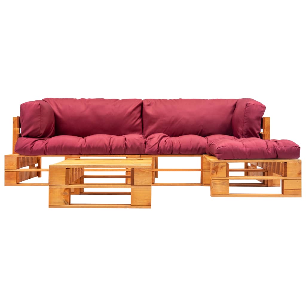 4-tlg. Garten-Lounge-Set aus Paletten mit Roten Kissen Holz