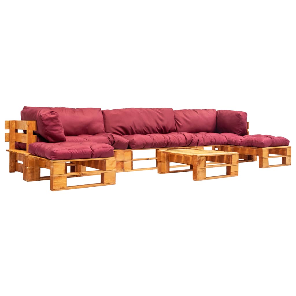 6-tlg. Garten-Paletten-Sofagarnitur mit Roten Kissen Holz