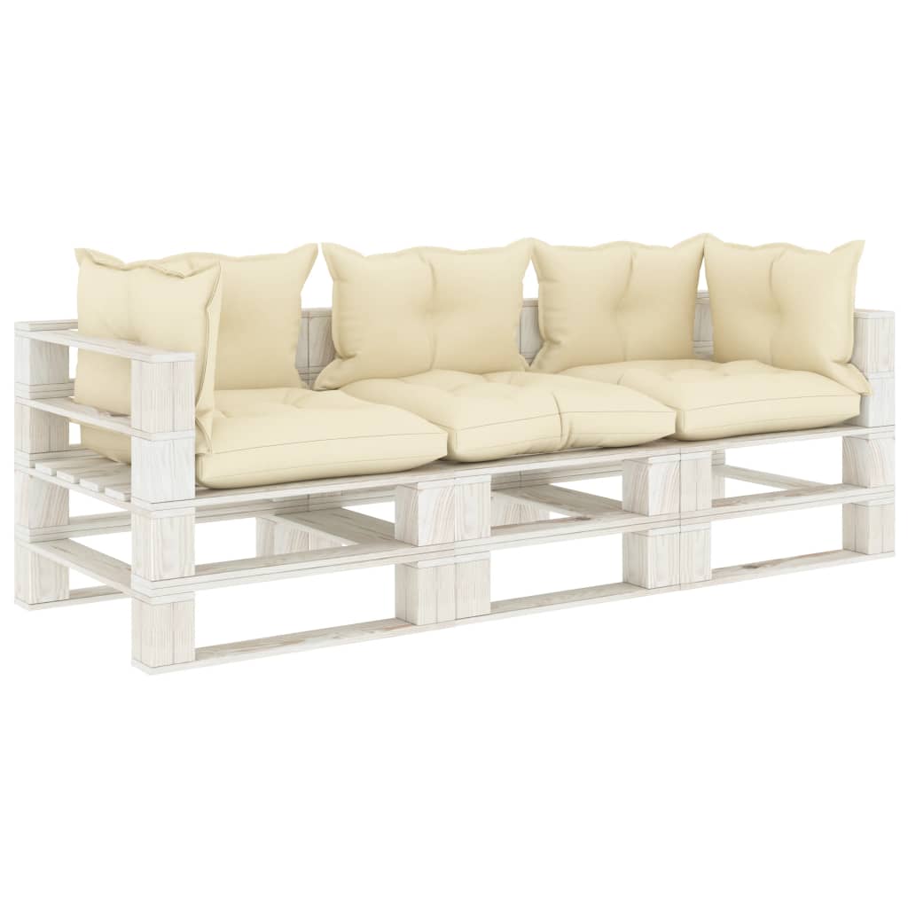 Garten-Palettensofa 3-Sitzer mit Kissen in Creme Holz
