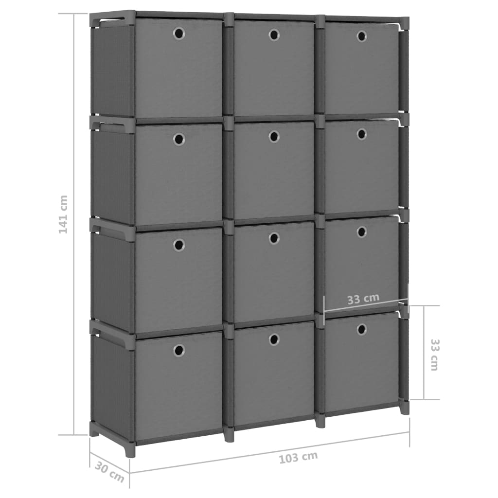 Würfel-Regal mit Boxen 12 Fächer Grau 103x30x141 cm Stoff