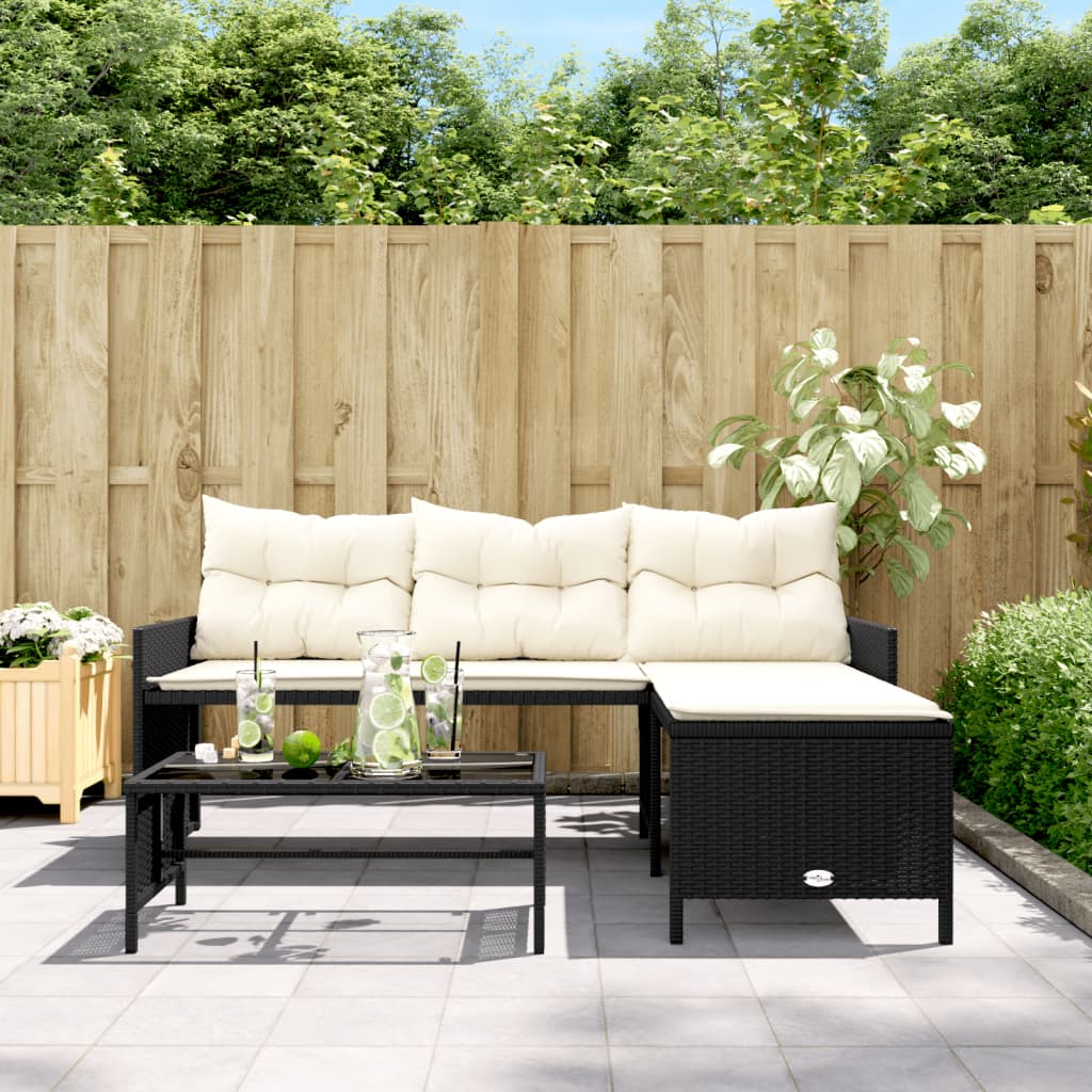 Gartensofa in L-Form mit Tisch und Kissen Schwarz Poly Rattan