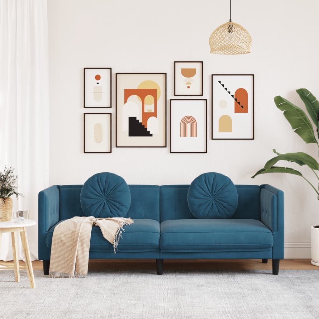Sofa mit Kissen 3-Sitzer Blau Samt