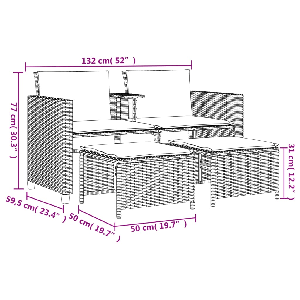 Gartensofa 2-Sitzer mit Tisch und Hockern Grau Poly Rattan