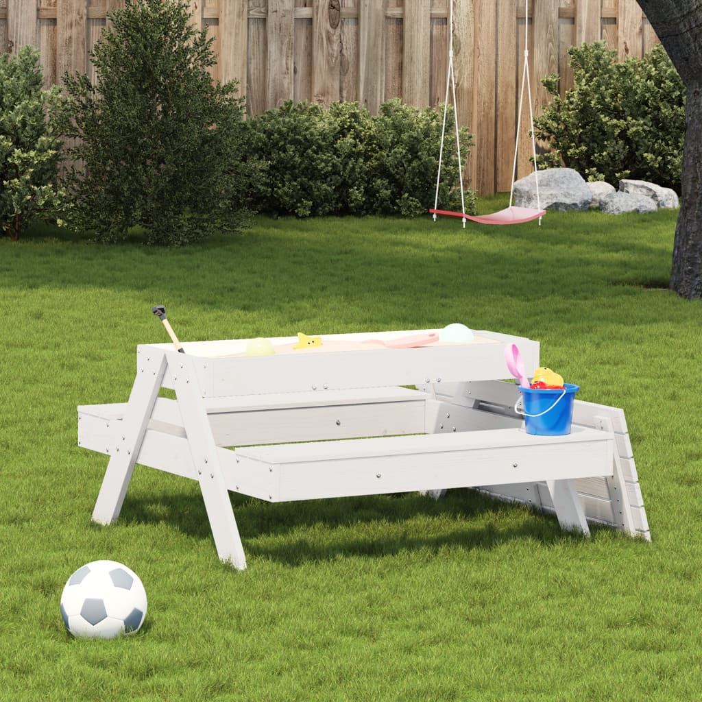 Picknicktisch mit Sandkasten für Kinder Weiß Massivholz Kiefer