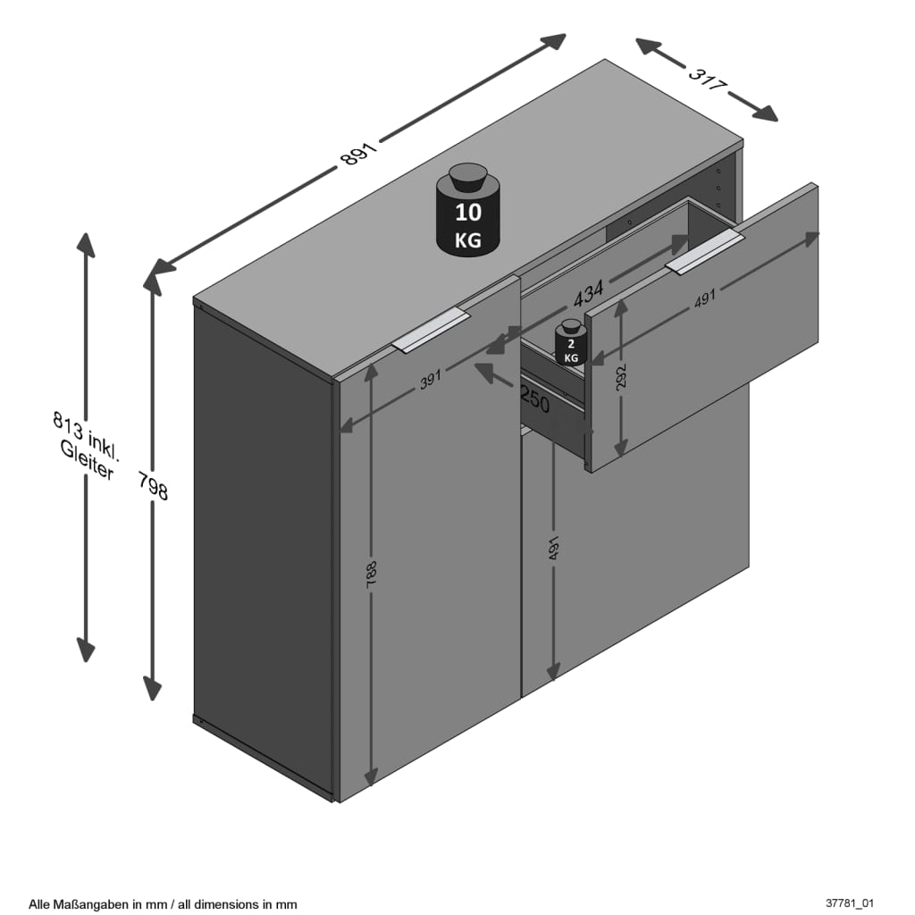 FMD Kommode mit Schublade und Türen 89,1x31,7x81,3 cm Schwarz