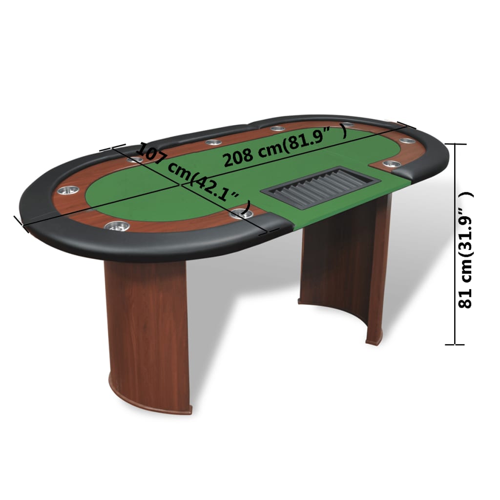 Pokertisch für 10 Spieler mit Dealerbereich und Chipablage Grün