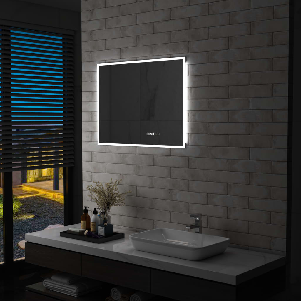 LED-Badspiegel mit Touch-Sensor und Zeitanzeige 80×60 cm