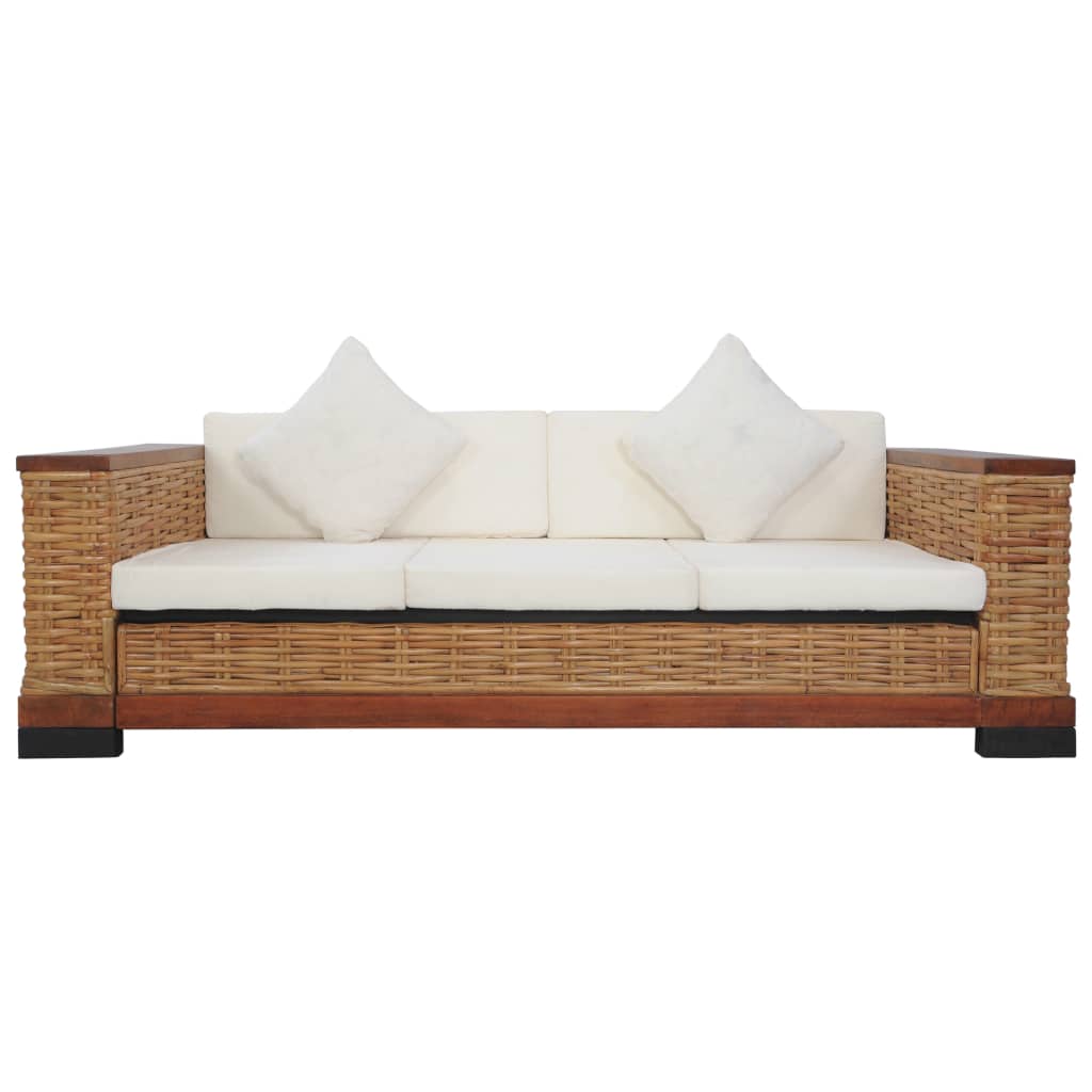 3-Sitzer-Sofa mit Auflagen Braun Natur Rattan