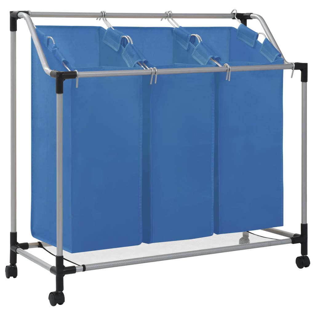 Wäschesortierer mit 3 Taschen Blau Stahl