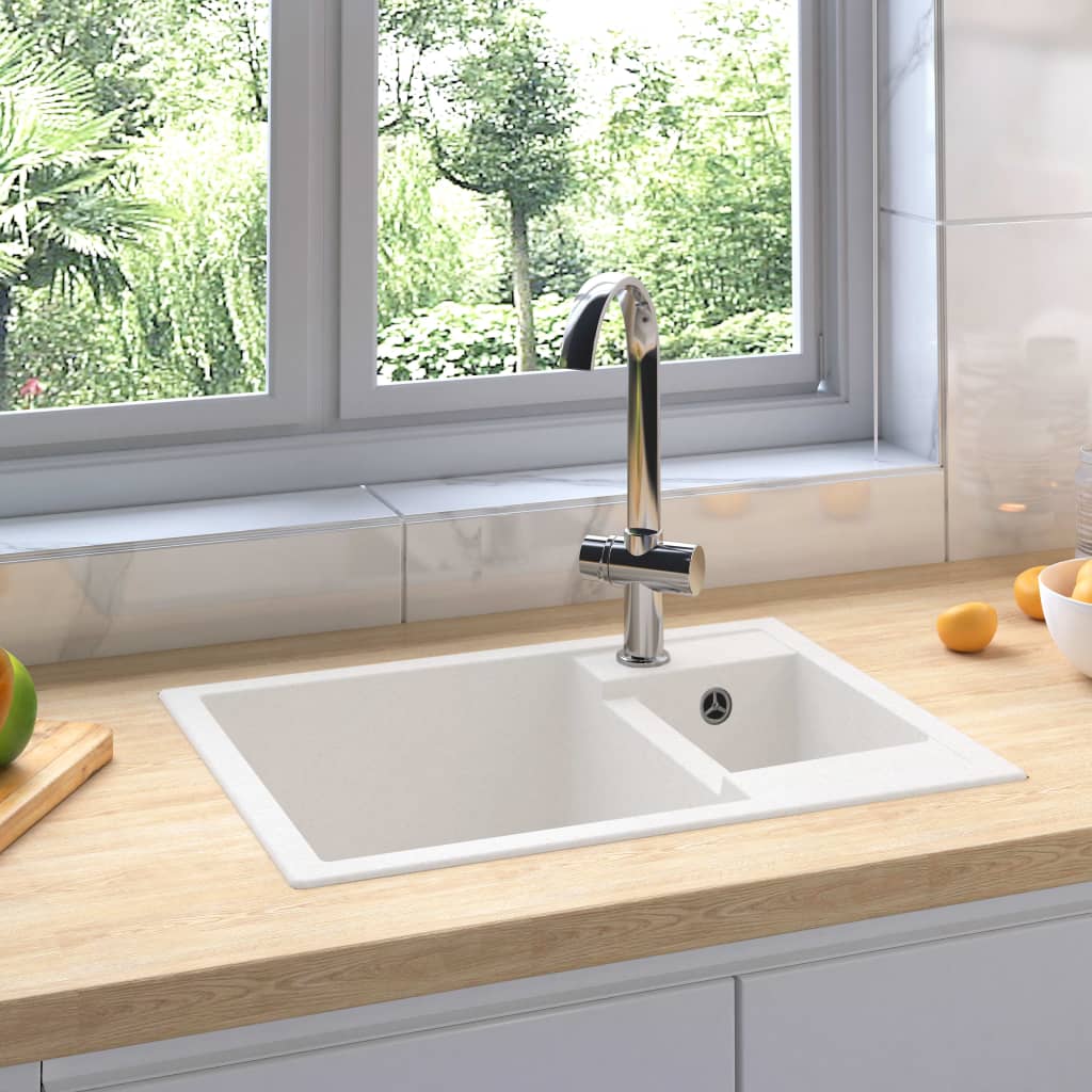 Küchenspüle mit Überlauf Doppelbecken Weiß Granit