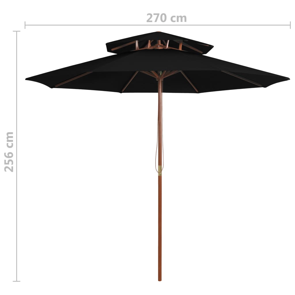 Sonnenschirm mit Doppeldach und Holzmast Schwarz 270 cm