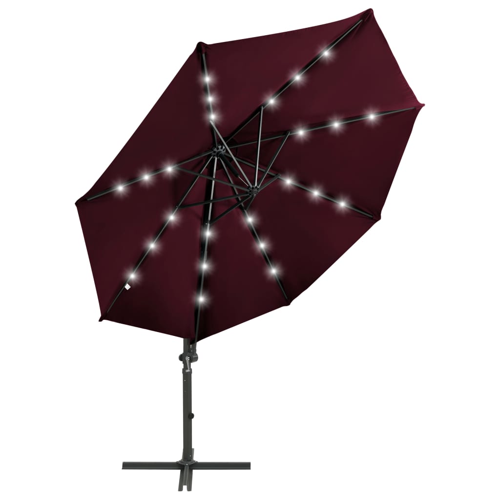 Ampelschirm mit Mast und LED-Leuchten Bordeauxrot 300 cm
