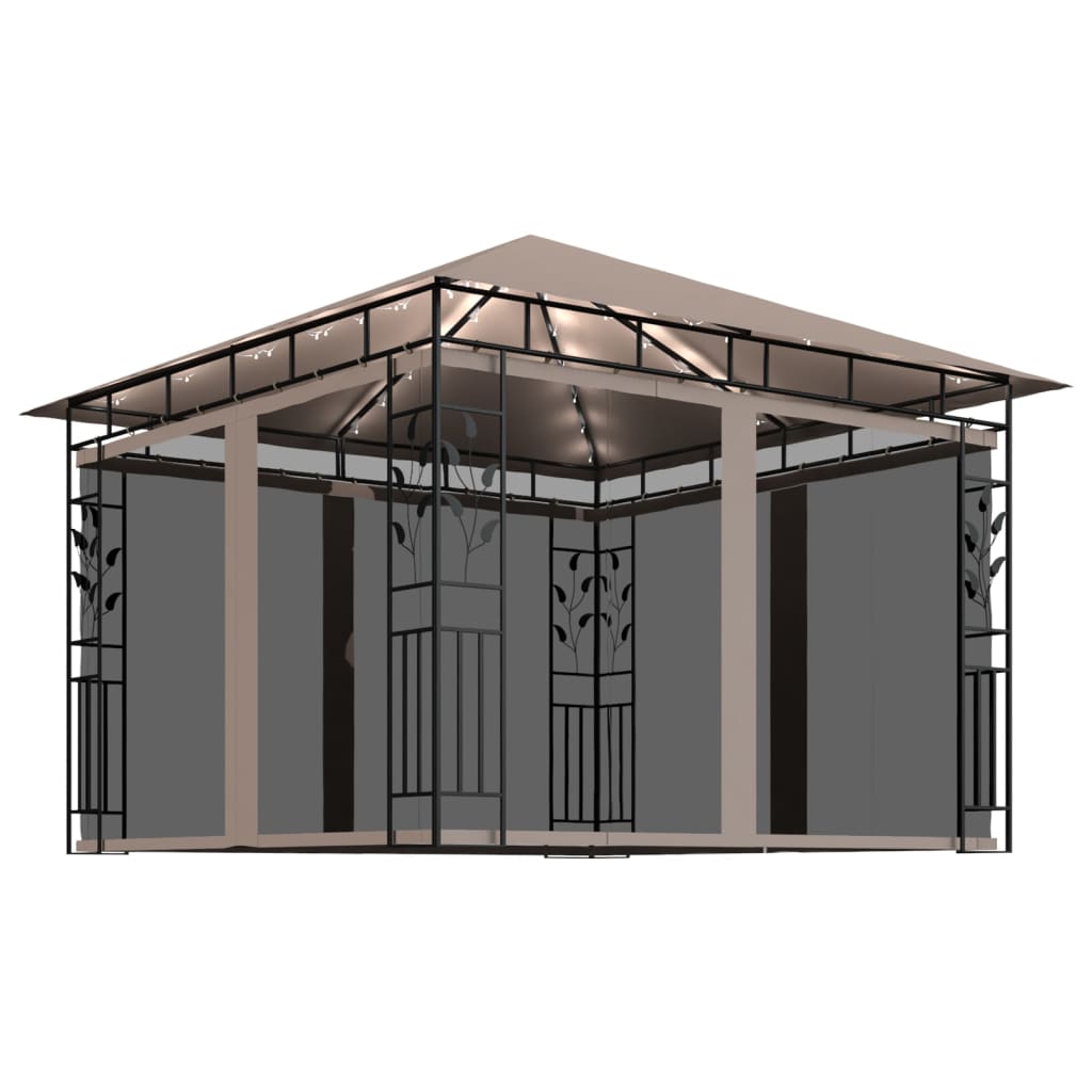 Pavillon mit Moskitonetz & LED-Lichterkette 3x3x2,73 m Taupe
