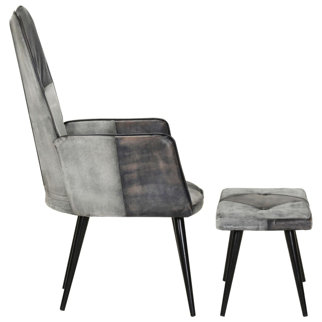 Sessel mit Hocker Grau Echtleder und Canvas