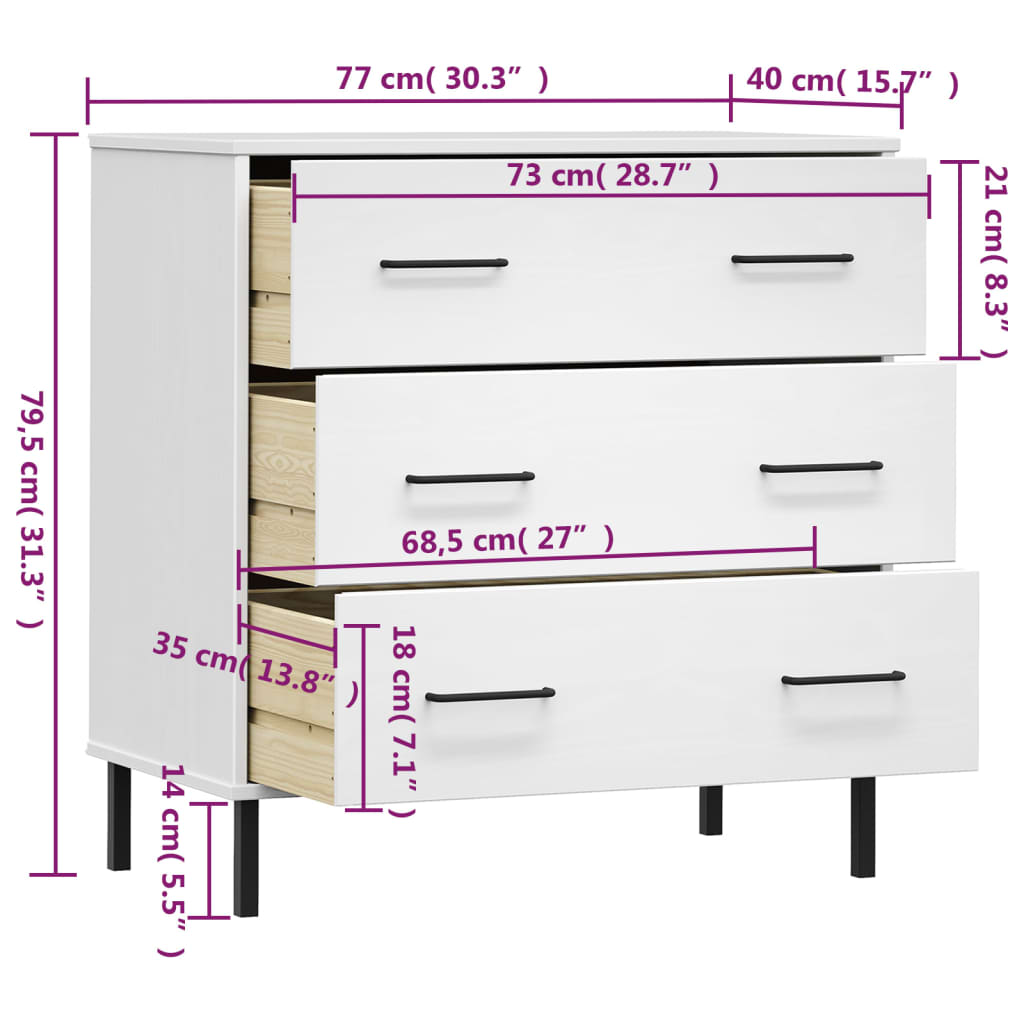 Sideboard OSLO mit 3 Schubladen Weiß 77x40x79,5 cm Massivholz