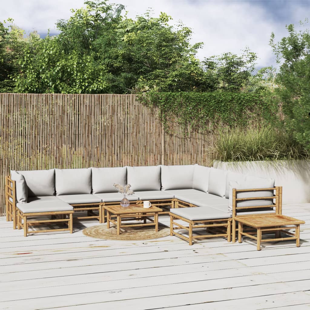 12-tlg. Garten-Lounge-Set mit Hellgrauen Kissen Bambus