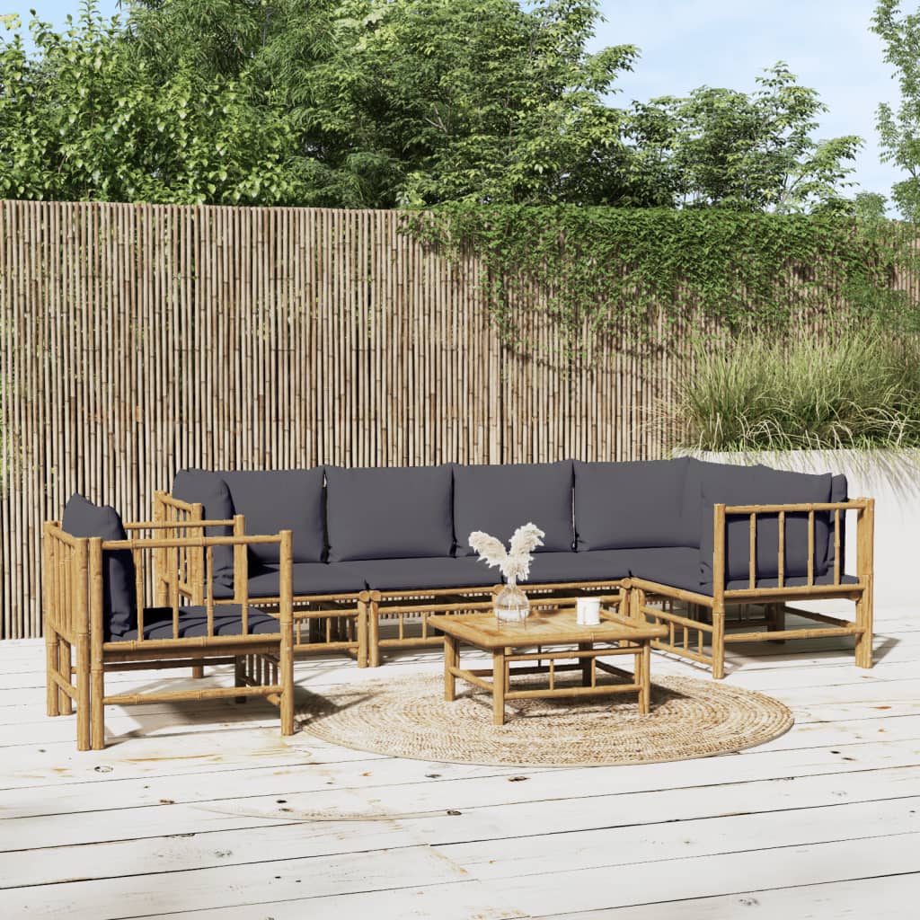 7-tlg. Garten-Lounge-Set mit Dunkelgrauen Kissen Bambus