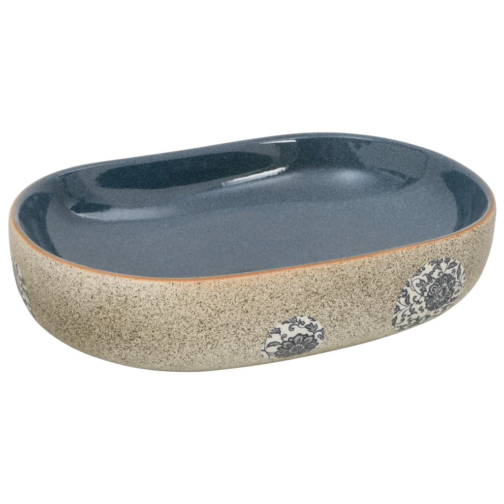Aufsatzwaschbecken Sandfarben Blau Oval 59x40x14 cm Keramik