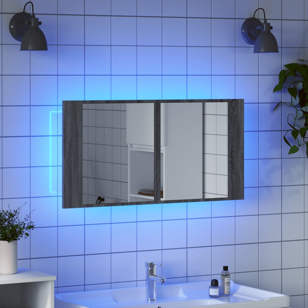 LED-Spiegelschrank Grau Sonoma 90x12x45 cm Acryl